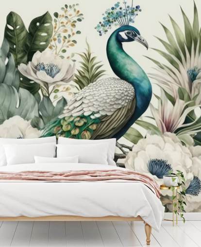grön påfågel tapetväggmålning kallad Tropical Green Peacock för sovrum och vardagsrum