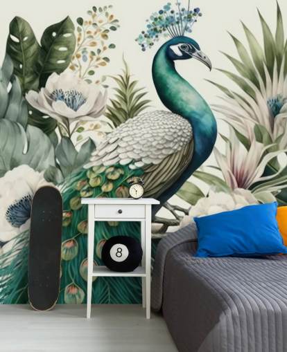 green peacock wallpaper mural called Tropical Green Peacock for bedrooms and living rooms green peacock wallpaper mural called Tropical Green Peacock for bedrooms and living rooms