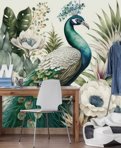 green peacock wallpaper mural called Tropical Green Peacock for bedrooms and living rooms green peacock wallpaper mural called Tropical Green Peacock for bedrooms and living rooms