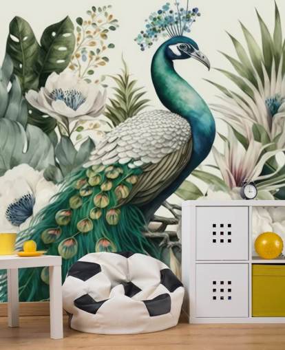 green peacock wallpaper mural called Tropical Green Peacock for bedrooms and living rooms
