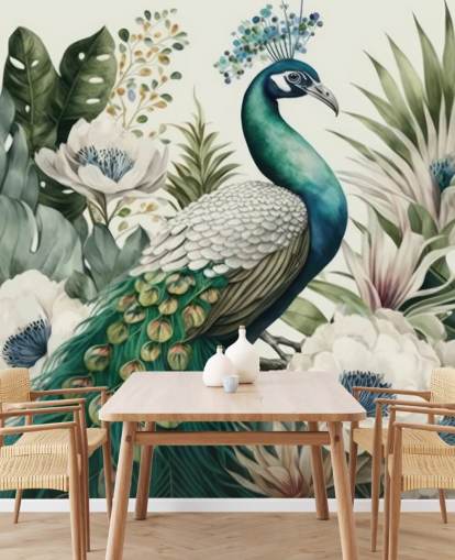 green peacock wallpaper mural called Tropical Green Peacock for bedrooms and living rooms
