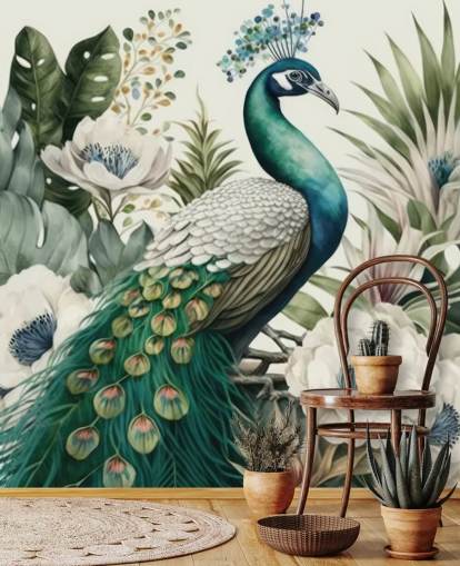 green peacock wallpaper mural called Tropical Green Peacock for bedrooms and living rooms