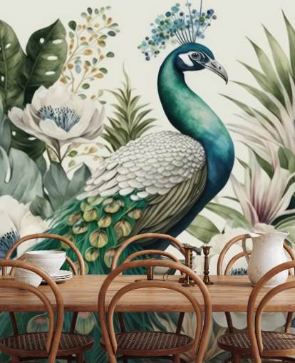 mural de papel pintado de pavo real verde llamado Tropical Green Peacock para dormitorios y salas de estar