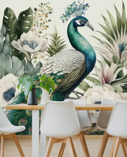 grønn påfugl tapet veggmaleri kalt Tropical Green Peacock for soverom og stuer
