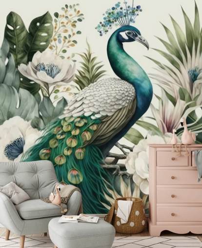 carta da parati murale con pavone verde chiamato Tropical Green Peacock per camere da letto e salotti