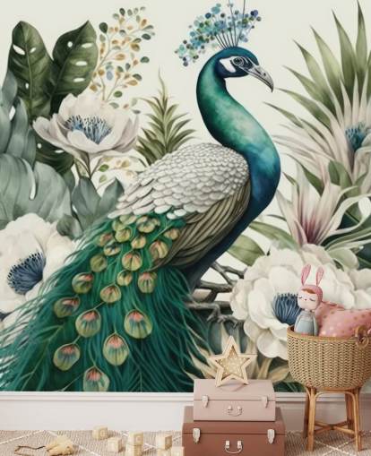 Grünes Pfauentapeten-Wandbild namens Tropical Green Peacock für Schlafzimmer und Wohnzimmer Grünes Pfauentapeten-Wandbild namens Tropical Green Peacock für Schlafzimmer und Wohnzimmer