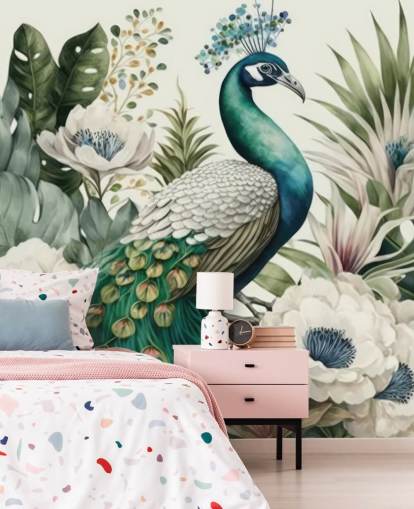 mural de papel de parede de pavão verde chamado Tropical Green Peacock para quartos e salas de estar mural de papel de parede de pavão verde chamado Tropical Green Peacock para quartos e salas de estar