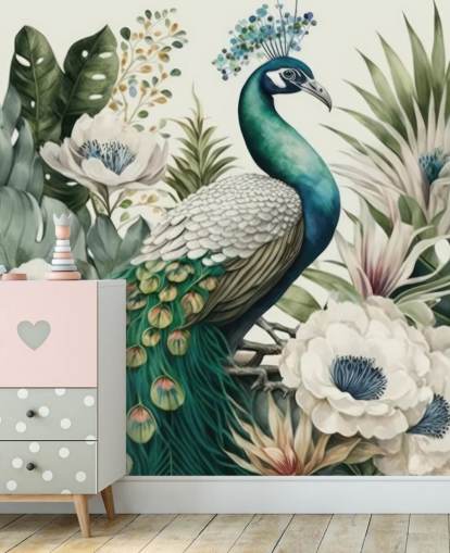 grøn påfugl tapetmaleri kaldet Tropical Green Peacock til soveværelser og stuer grøn påfugl tapetmaleri kaldet Tropical Green Peacock til soveværelser og stuer