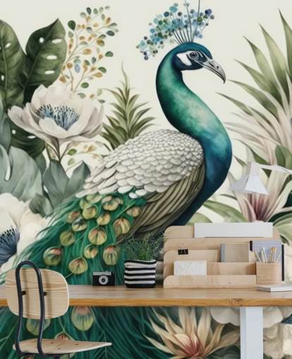 green peacock wallpaper mural called Tropical Green Peacock for bedrooms and living rooms