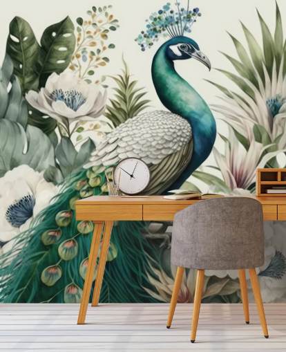 mural de papel pintado de pavo real verde llamado Tropical Green Peacock para dormitorios y salas de estar
