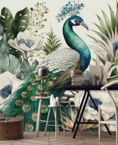 green peacock wallpaper mural called Tropical Green Peacock for bedrooms and living rooms