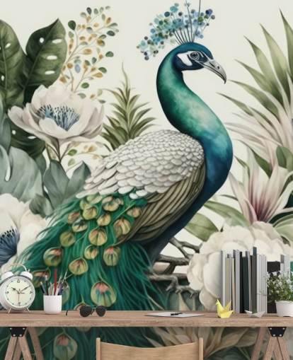 grøn påfugl tapetmaleri kaldet Tropical Green Peacock til soveværelser og stuer grøn påfugl tapetmaleri kaldet Tropical Green Peacock til soveværelser og stuer