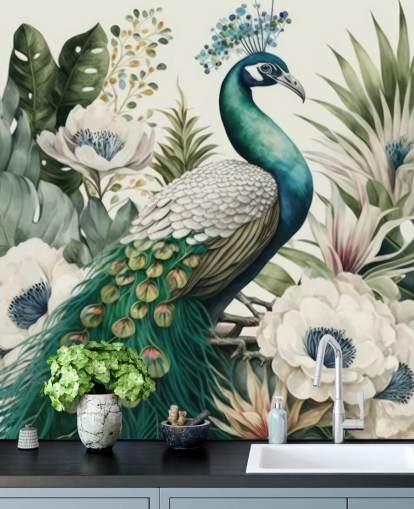 green peacock wallpaper mural called Tropical Green Peacock for bedrooms and living rooms