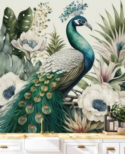 green peacock wallpaper mural called Tropical Green Peacock for bedrooms and living rooms green peacock wallpaper mural called Tropical Green Peacock for bedrooms and living rooms