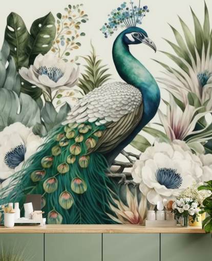 green peacock wallpaper mural called Tropical Green Peacock for bedrooms and living rooms