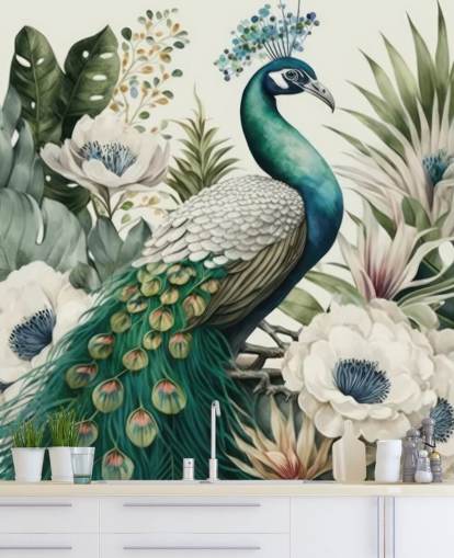 mural de papel pintado de pavo real verde llamado Tropical Green Peacock para dormitorios y salas de estar