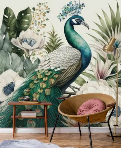 green peacock wallpaper mural called Tropical Green Peacock for bedrooms and living rooms