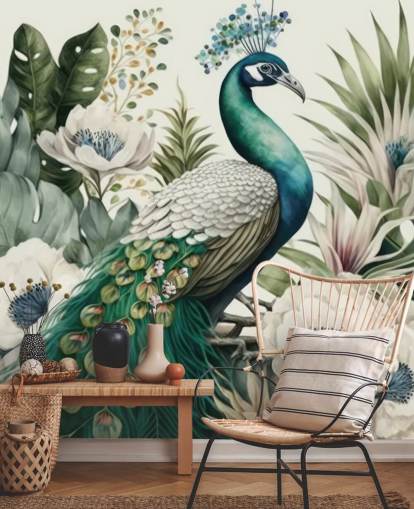 green peacock wallpaper mural called Tropical Green Peacock for bedrooms and living rooms
