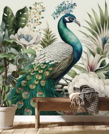 groene pauw behangmuurschildering genaamd Tropical Green Peacock voor slaapkamers en woonkamers