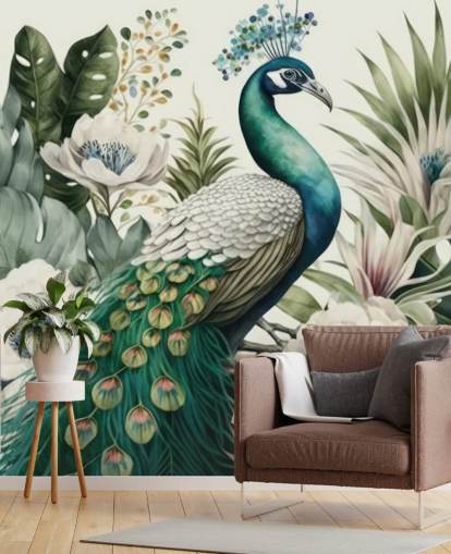 green peacock wallpaper mural called Tropical Green Peacock for bedrooms and living rooms green peacock wallpaper mural called Tropical Green Peacock for bedrooms and living rooms