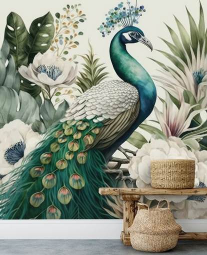 mural de papel pintado de pavo real verde llamado Tropical Green Peacock para dormitorios y salas de estar