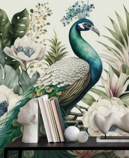mural de papel pintado de pavo real verde llamado Tropical Green Peacock para dormitorios y salas de estar