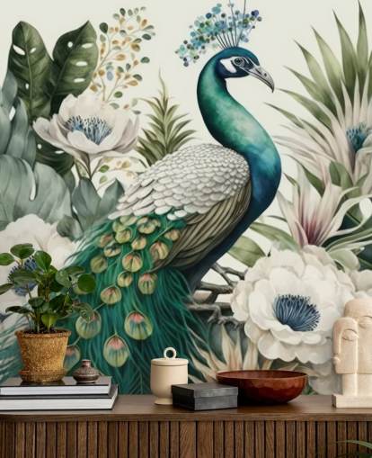 groene pauw behangmuurschildering genaamd Tropical Green Peacock voor slaapkamers en woonkamers groene pauw behangmuurschildering genaamd Tropical Green Peacock voor slaapkamers en woonkamers