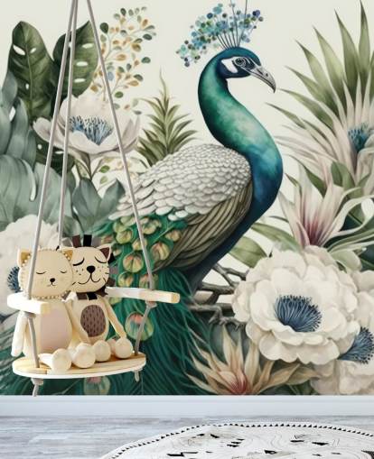 vihreä riikinkukko taustakuvamaalaus nimeltä Tropical Green Peacock makuuhuoneisiin ja olohuoneisiin vihreä riikinkukko taustakuvamaalaus nimeltä Tropical Green Peacock makuuhuoneisiin ja olohuoneisiin