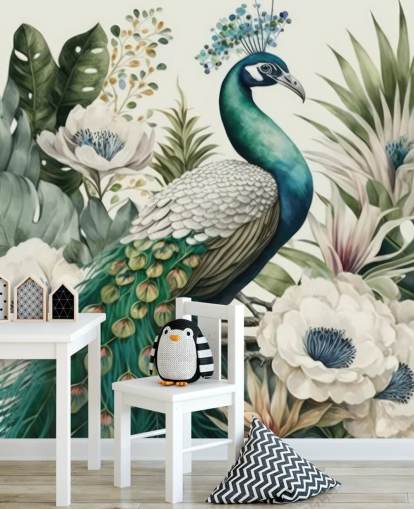 vihreä riikinkukko taustakuvamaalaus nimeltä Tropical Green Peacock makuuhuoneisiin ja olohuoneisiin