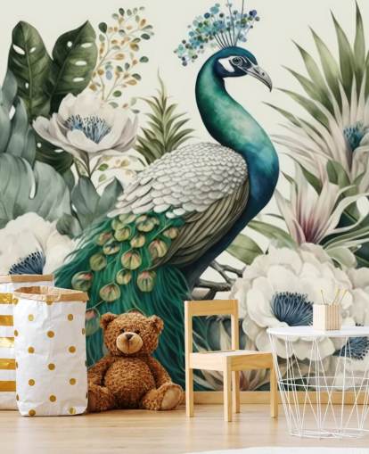 grøn påfugl tapetmaleri kaldet Tropical Green Peacock til soveværelser og stuer grøn påfugl tapetmaleri kaldet Tropical Green Peacock til soveværelser og stuer