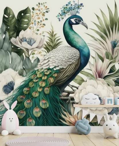 carta da parati murale con pavone verde chiamato Tropical Green Peacock per camere da letto e salotti