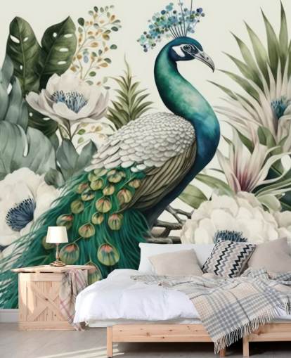 green peacock wallpaper mural called Tropical Green Peacock for bedrooms and living rooms green peacock wallpaper mural called Tropical Green Peacock for bedrooms and living rooms