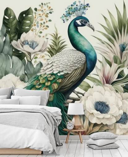 mural de papel de parede de pavão verde chamado Tropical Green Peacock para quartos e salas de estar mural de papel de parede de pavão verde chamado Tropical Green Peacock para quartos e salas de estar