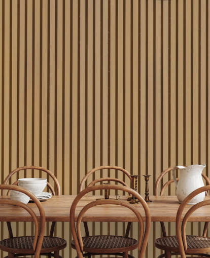 Muurschildering met houten lattenbehang met licht eikeneffect