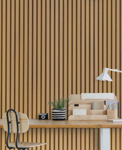 Muurschildering met houten lattenbehang met licht eikeneffect Muurschildering met houten lattenbehang met licht eikeneffect