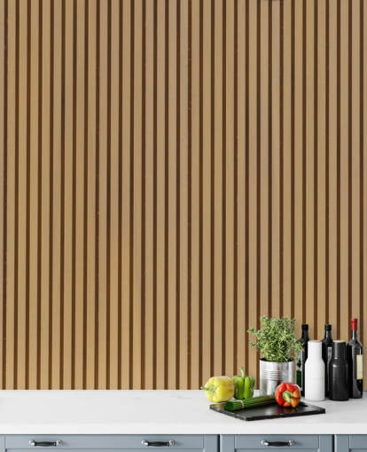 Muurschildering met houten lattenbehang met licht eikeneffect Muurschildering met houten lattenbehang met licht eikeneffect