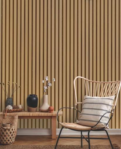 Mural de papel pintado de listones de madera con efecto roble claro
