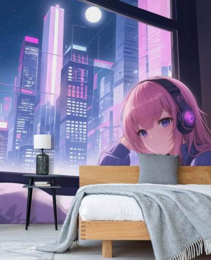 fresque murale d'anime personnalisable violette et rose appelée Lo-Fi Girl Chilling pour les chambres d'adolescents fresque murale d'anime personnalisable violette et rose appelée Lo-Fi Girl Chilling pour les chambres d'adolescents