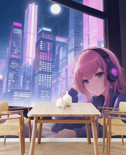 Personalisierbares Anime-Wandbild „Lo-Fi Girl Chilling“ in Violett und Rosa für Jugendzimmer