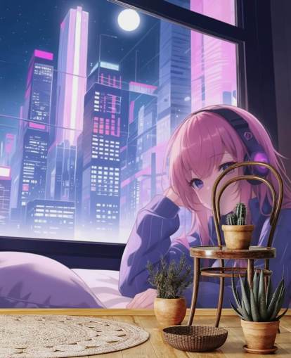 Personalisierbares Anime-Wandbild „Lo-Fi Girl Chilling“ in Violett und Rosa für Jugendzimmer