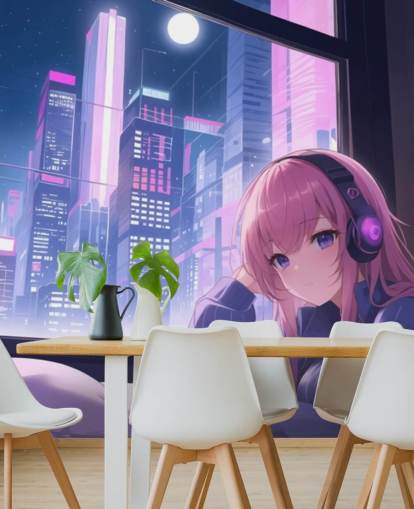 paarse en roze aanpasbare anime-muurschildering genaamd Lo-Fi Girl Chilling voor tienerkamers paarse en roze aanpasbare anime-muurschildering genaamd Lo-Fi Girl Chilling voor tienerkamers