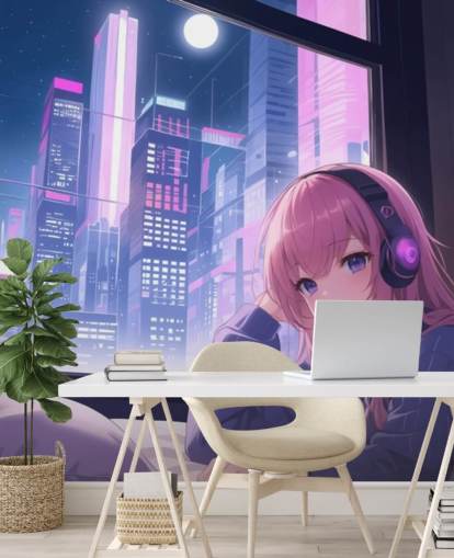 murale anime personalizzabile viola e rosa chiamato Lo-Fi Girl Chilling per camere da letto per adolescenti