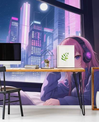 purple and pink customisable anime wall mural called Lo-Fi Girl Chilling for teen bedrooms