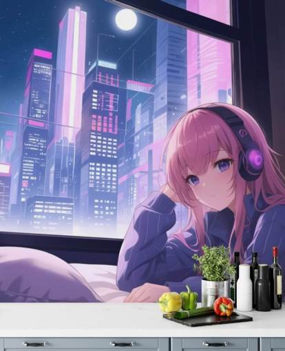 mural de parede de anime personalizável roxo e rosa chamado Lo-Fi Girl Chilling para quartos de adolescentes