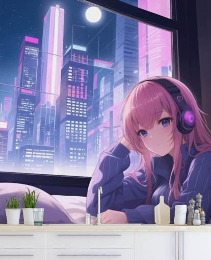 violetti ja vaaleanpunainen muokattava anime-seinämaalaus nimeltä Lo-Fi Girl Chilling teini-ikäisten makuuhuoneisiin