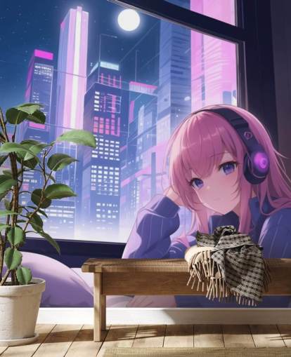 lila och rosa anpassningsbar anime väggmålning som heter Lo-Fi Girl Chilling för tonårsrum