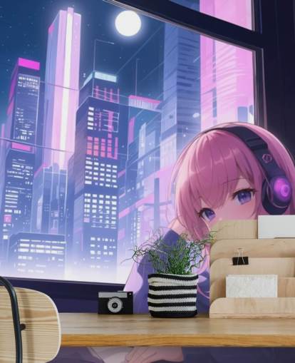 paarse en roze aanpasbare anime-muurschildering genaamd Lo-Fi Girl Chilling voor tienerkamers