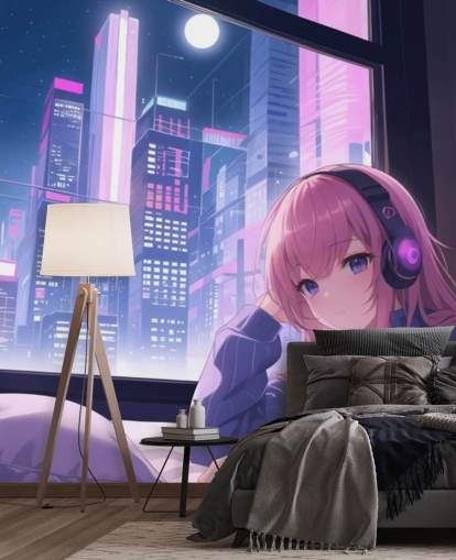 Personalisierbares Anime-Wandbild „Lo-Fi Girl Chilling“ in Violett und Rosa für Jugendzimmer