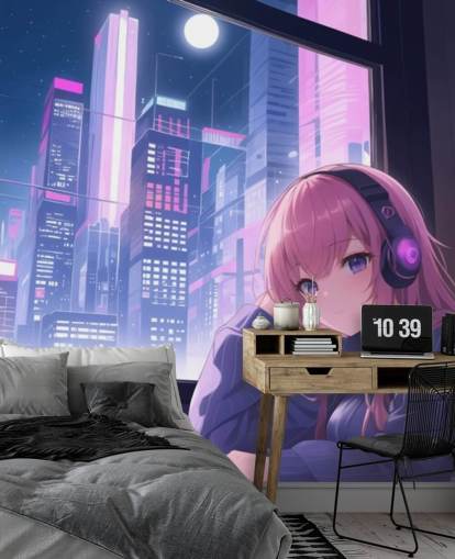 mural de pared de anime personalizable en morado y rosa llamado Lo-Fi Girl Chilling para dormitorios de adolescentes