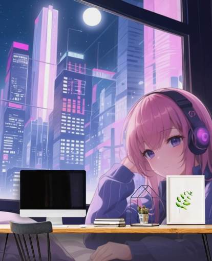 mural de parede de anime personalizável roxo e rosa chamado Lo-Fi Girl Chilling para quartos de adolescentes